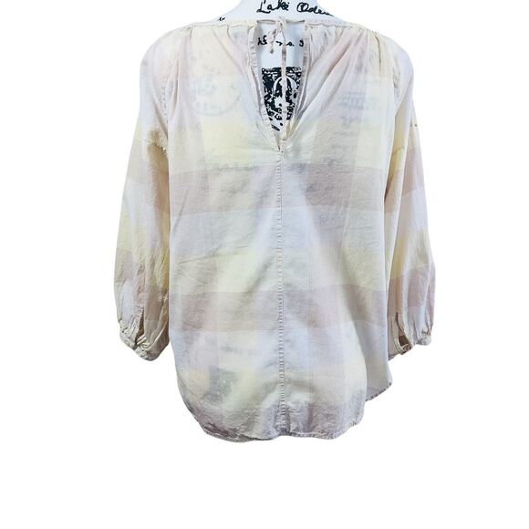 Everlane Blouse Womens Beige Tan Plaid Peasant Relax Balloon Sleeve Top size 00 - Picture 2 of 16